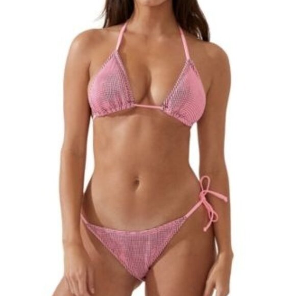 Cotton On Women's Textured Tie Side Bikini Bottoms – Neon Crush/Black Crinkle - Picture 1 of 1